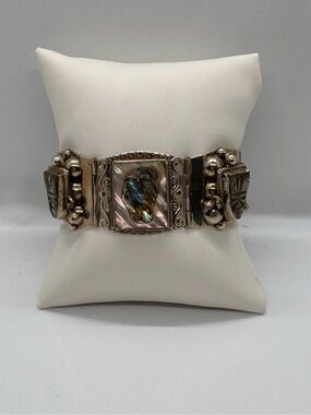 Vintage Taxco Mexico 925 Sterling Silver Abalone Aztec Mask Panel Bracelet